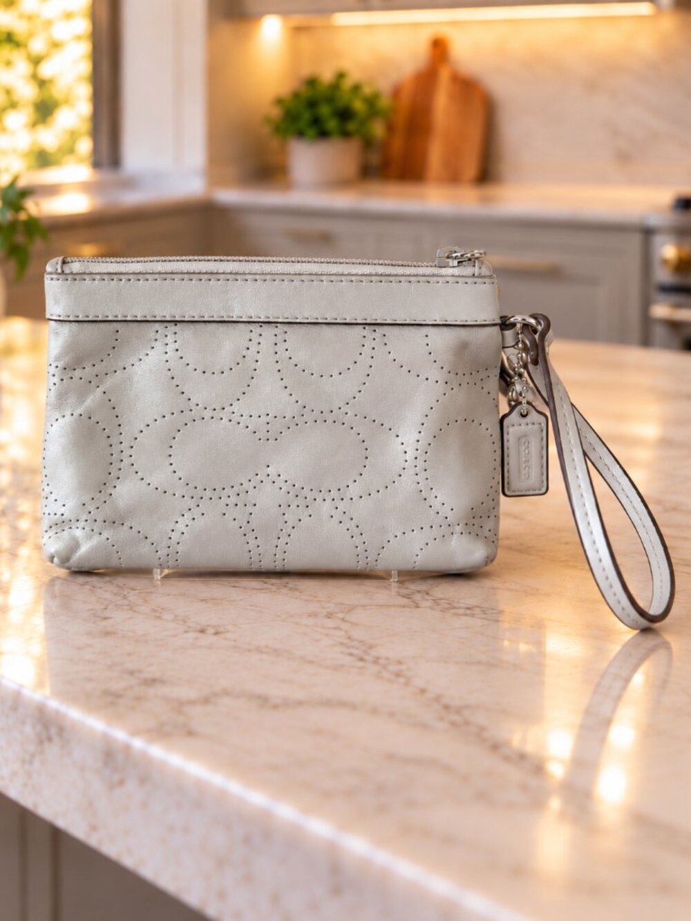 Coach Signature C Perforated Leather Wristlet – Shimmery Grey Silver